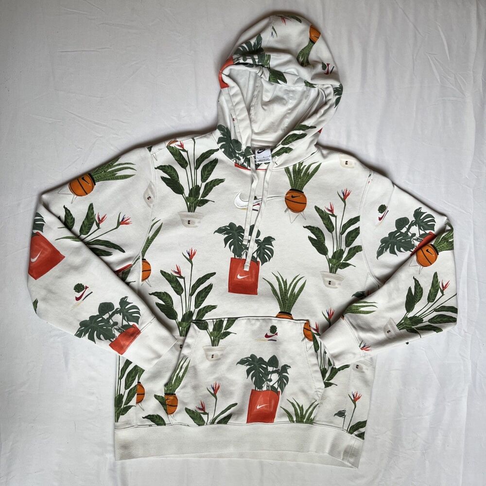 NIKE Cortez Men’s L Plants Basketball Off White Hoodie Hooded Sweatshirt Floral